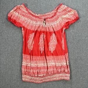 Lucky Brand Off Shoulder Top Women's Small Smocked Waist Cotton Boho Y2K Pink